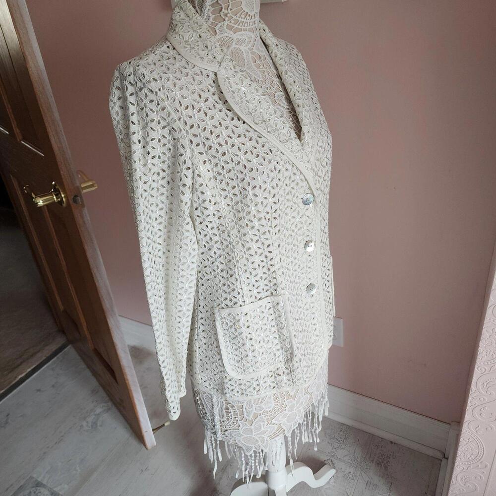 LKNW Susan Graver unique linen botton jacket blazer ivory silver M